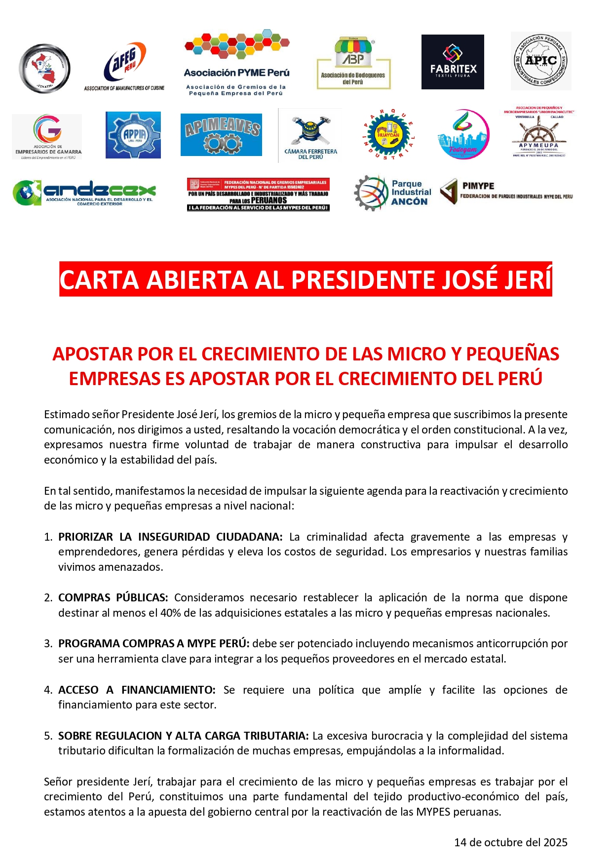 Comunicado Carta abierta al PRESIDENTE JERI – 14octubre2025_page-0001