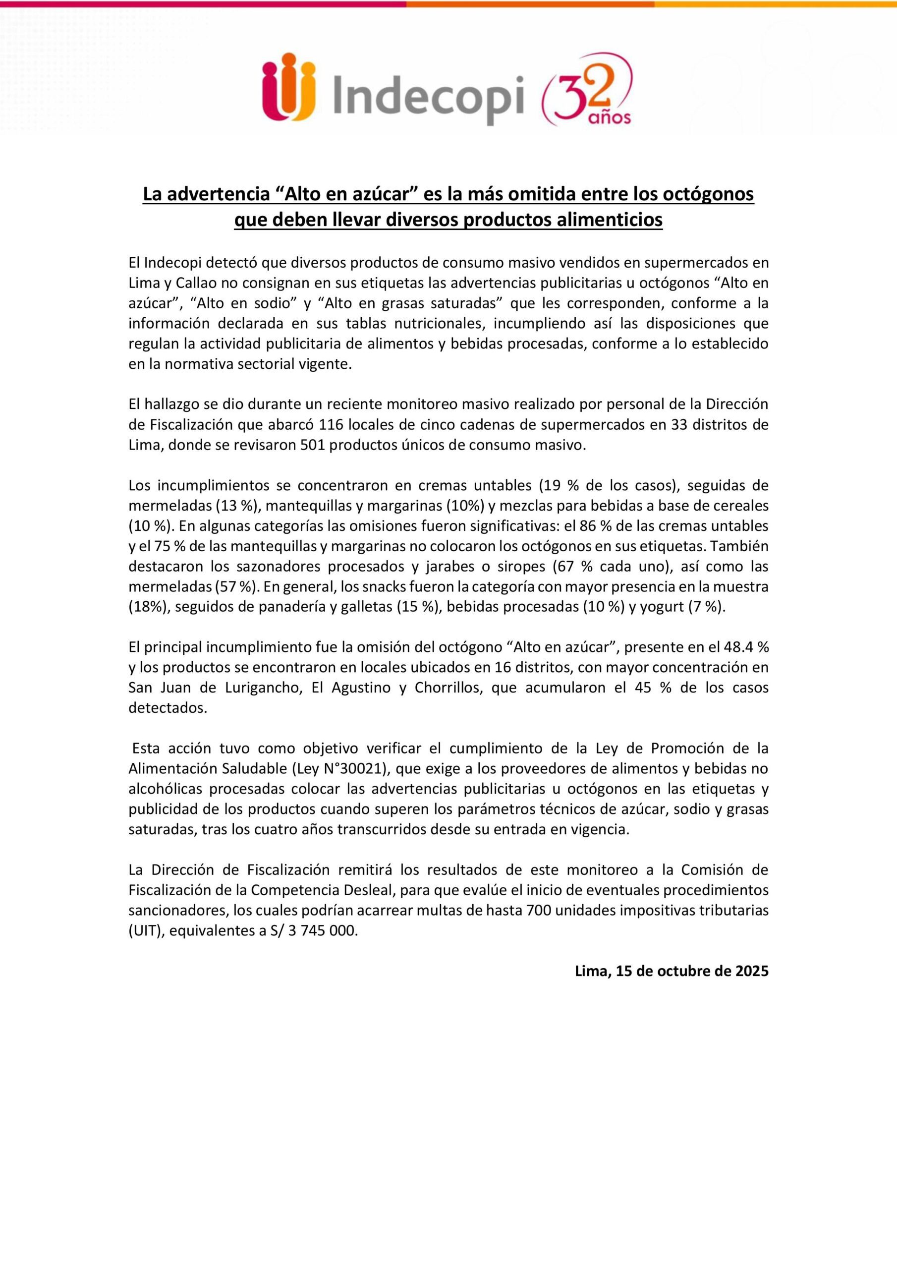 NP Indecopi detecta incumplimientos de octoìgonos en supermercados